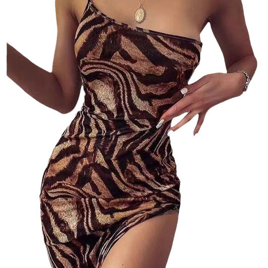 Damen figurbetontes Minikleid mit asymmetrischem Schnitt und edgy Animal-Print R&B