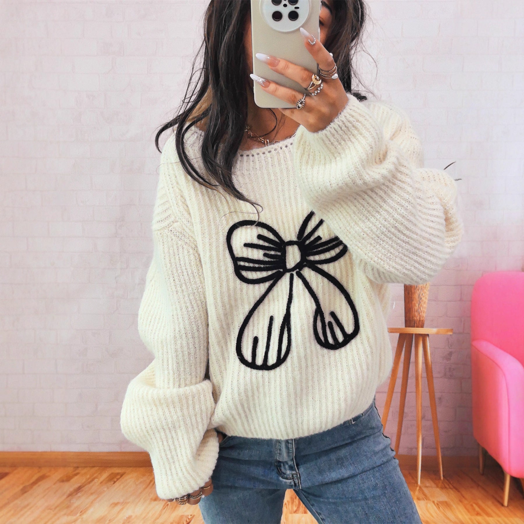 Damen Grobstrickpullover mit verspieltem Schleifenmotiv R&B