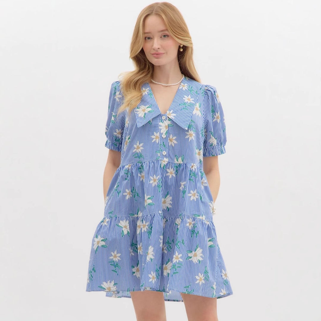 Damen Blumen Kleid mit gestreiftem Design und Knopfleiste R&B