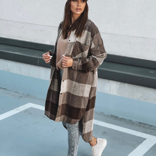 Damen Langer Karo-Wintermantel mit knöpfbarem Design und lockerer Passform R&B