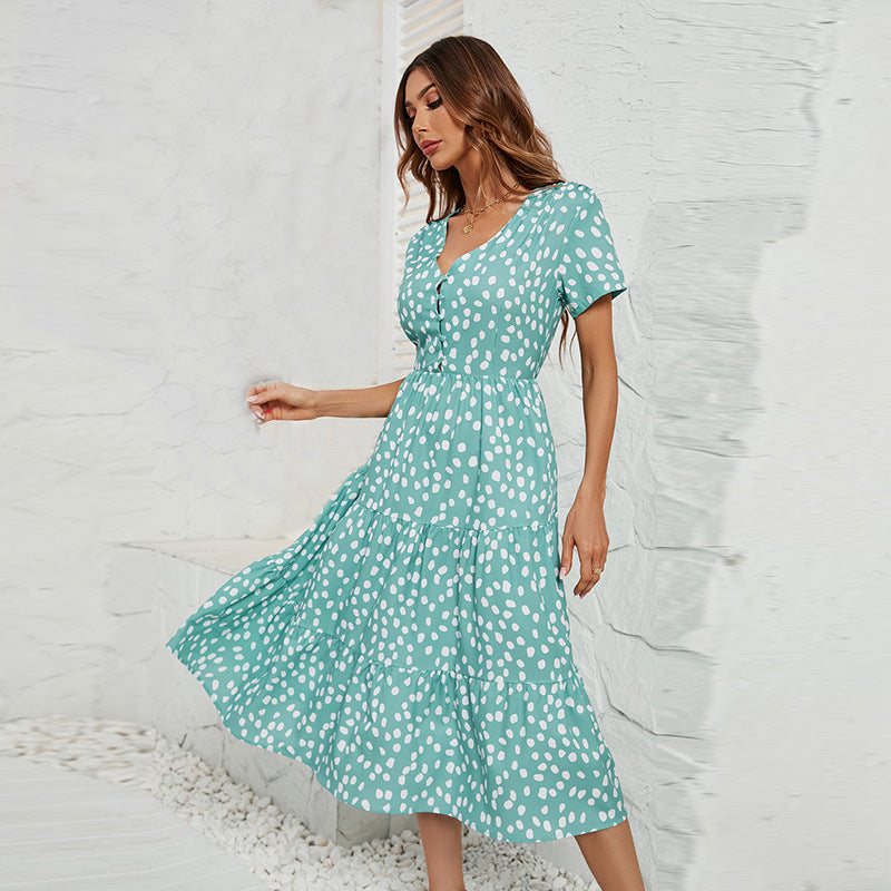 Damen Midi-Kleid mit knopflosem V-Ausschnitt und voluminösem Rock R&B
