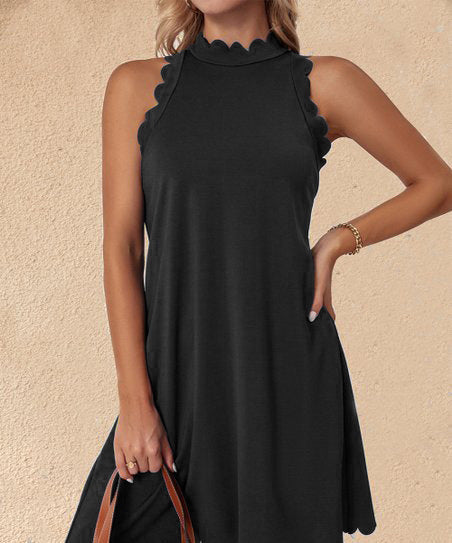 Damen ärmelloses Kleid mit Scalloped-Ausschnitt und fließendem Schnitt R&B