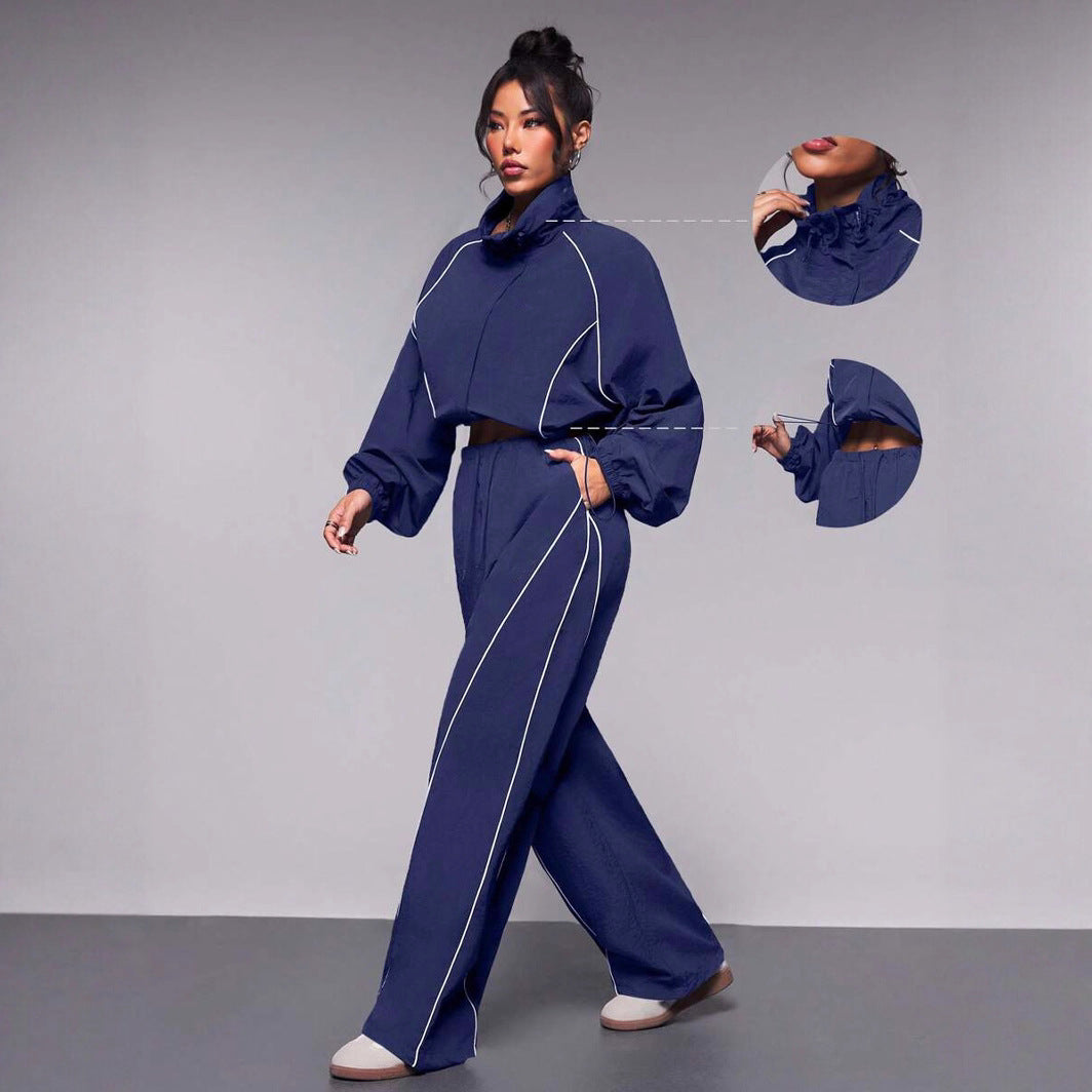Damen sportliches Windbreaker-Oberteil mit elastischem Bund und modernem Reißverschluss R&B