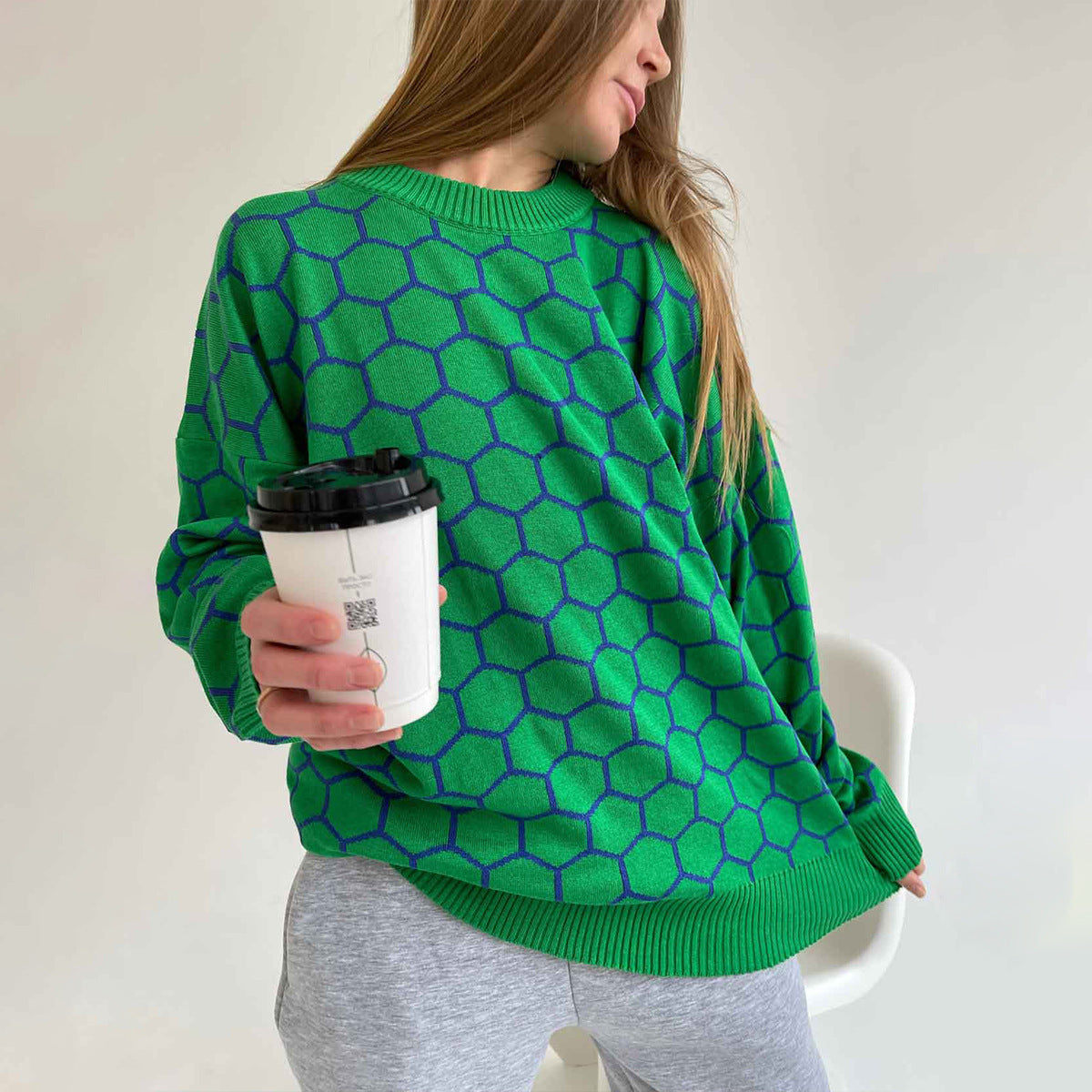 Damen Kreativer Strickpullover mit Wabenmuster R&B