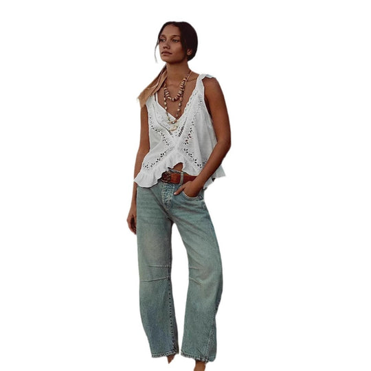Damen luftiger Leinen-Crop-Top mit Rüschen R&B