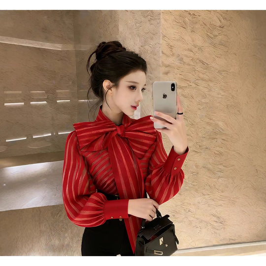 Damen Elegante Bluse mit voluminösem Schleifenkragen und trendigem Streifenmuster R&B