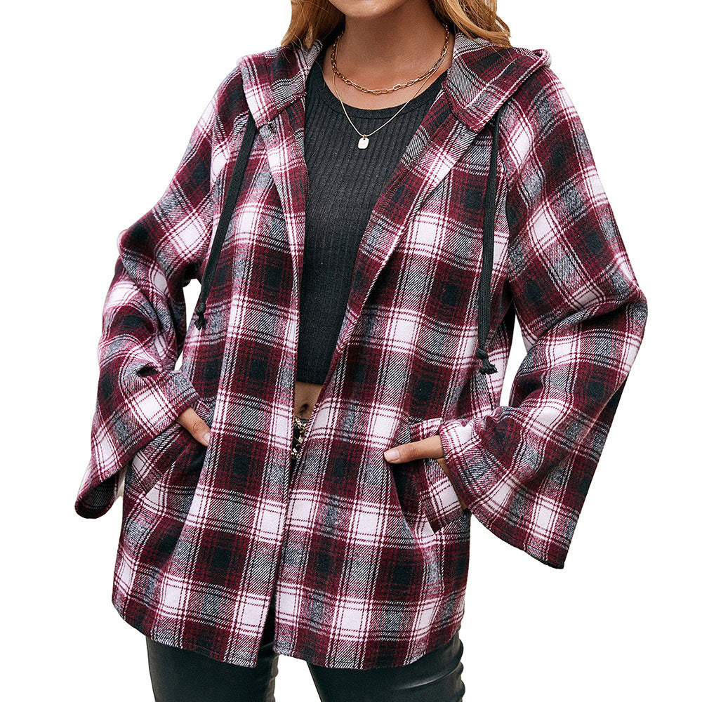 Damen Karo Overshirtjacke im lässigen Stil mit Kapuze und weiten Ärmeln R&B