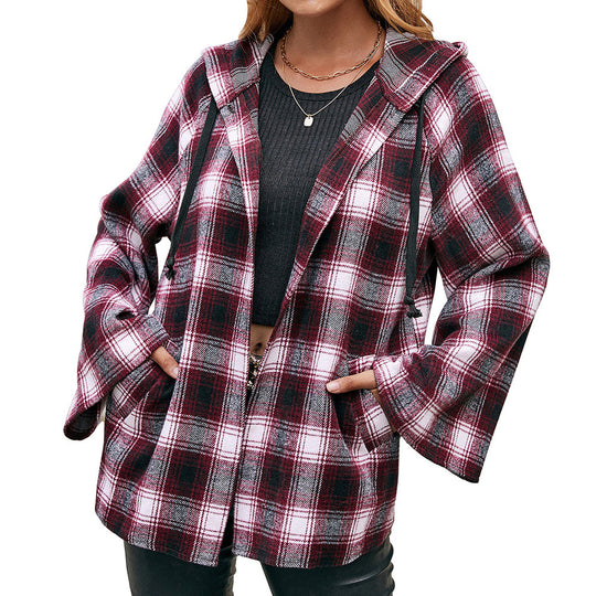 Damen Karo Overshirtjacke im lässigen Stil mit Kapuze und weiten Ärmeln R&B