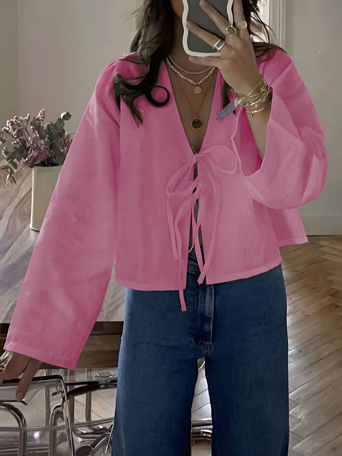 Damen cropped Bluse mit BindR&Band und lockerer Passform R&B