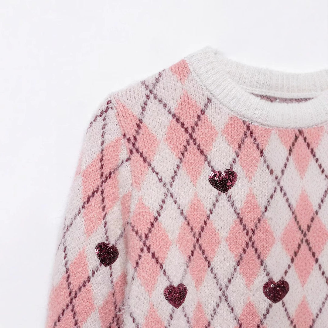 Damen Pullover mit herzförmigem Pattern und Glitzerelementen R&B