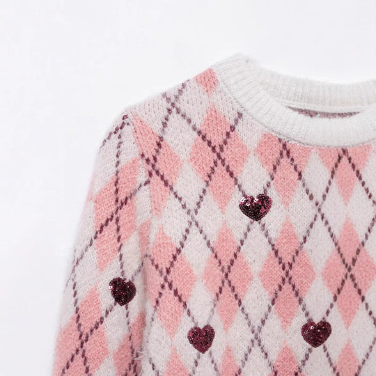 Damen Pullover mit herzförmigem Pattern und Glitzerelementen R&B