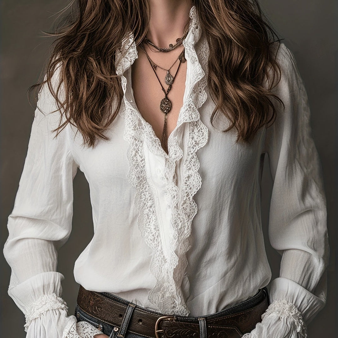 Damen elegante Bluse mit Rüschendetails und Spitzenbesatz R&B