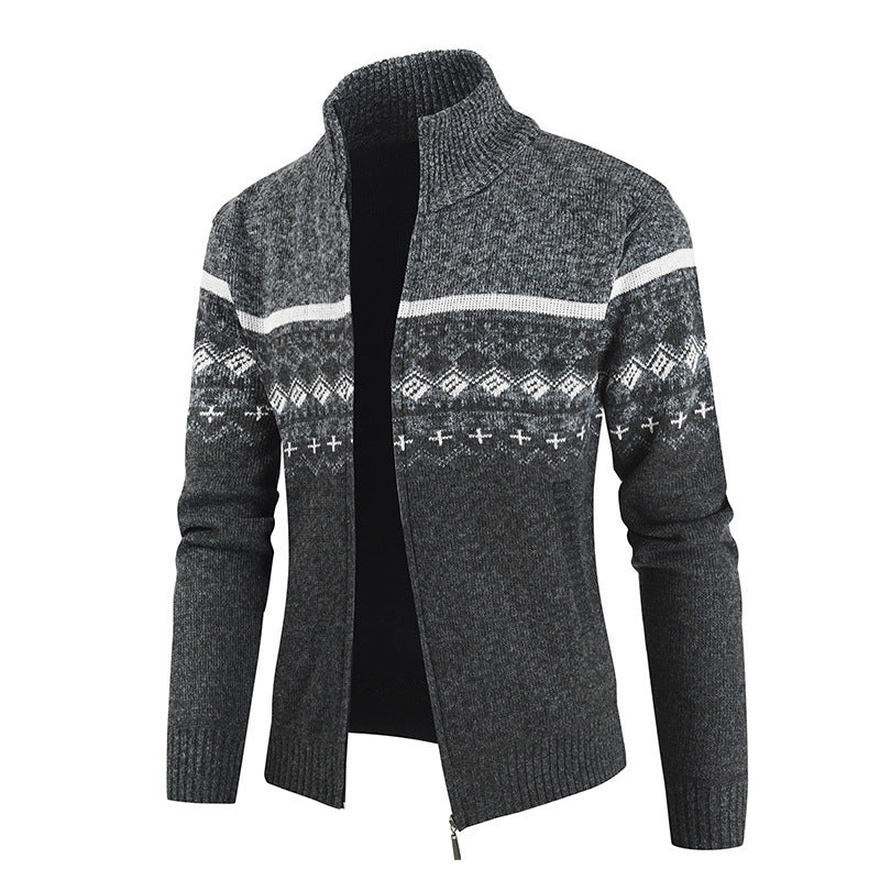 Herren Strickjacke mit geometrischen Mustern und hohem Kragen R&B