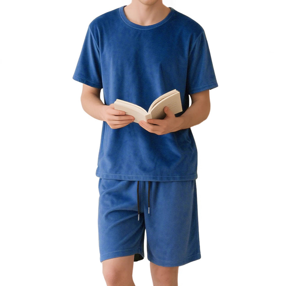 Herren nan Samtvelours Lounge-Set mit Rundhals-Kurzarmshirt und Kordelshorts R&B