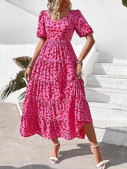 Damen Maxikleid mit Puffärmeln und Rüschendetails R&B