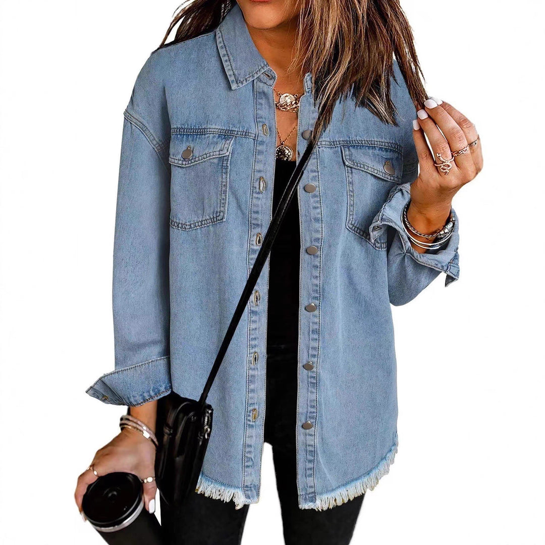 Damen Denim Overshirt mit fransigem Saum und Brusttaschen R&B