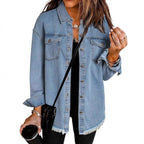 Damen Denim Overshirt mit fransigem Saum und Brusttaschen R&B