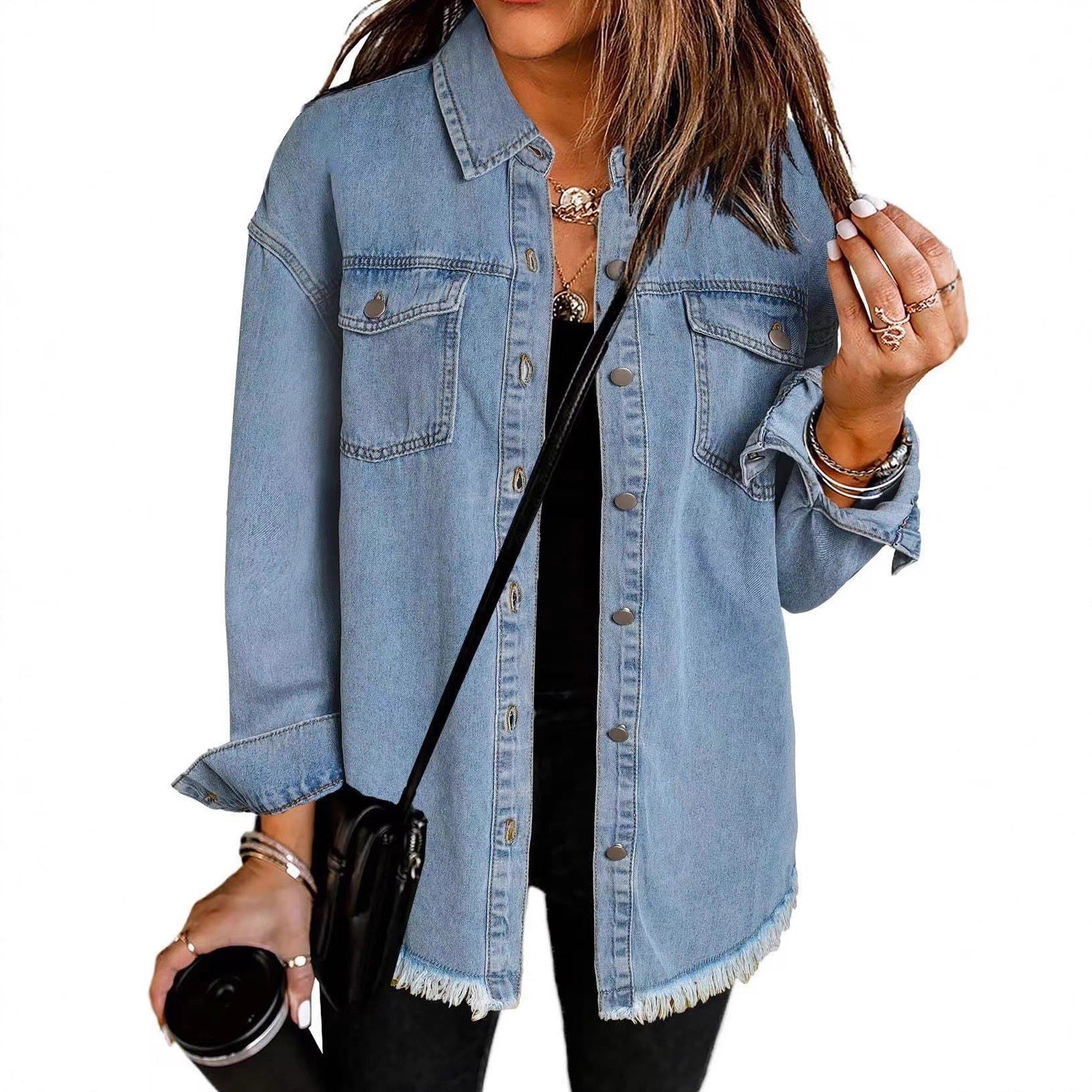Damen Denim Overshirt mit fransigem Saum und Brusttaschen R&B