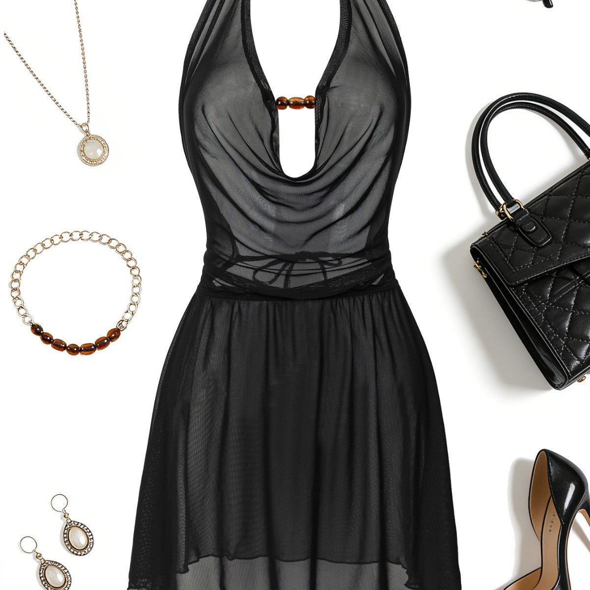 Damen Strandkleid mit tiefem V-Ausschnitt und raffiniertem Knoten R&B