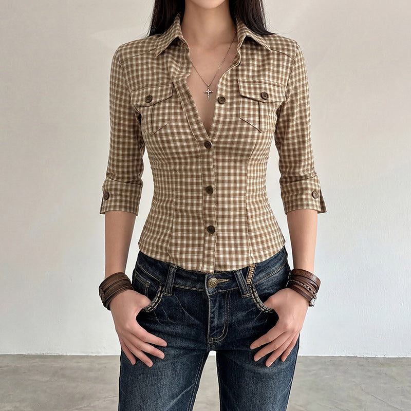 Damen Karierte Bluse mit tailliertem Schnitt und Brusttaschen R&B