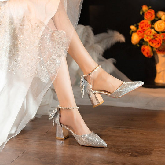 Damen elegante Glitzer-Pumps mit verzierten Fesselriemen R&B