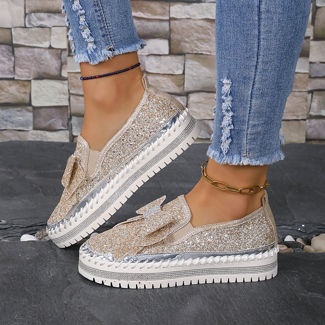 Damen modische Slip-On Sneakers mit glitzerndem Design und auffälliger Schleifenapplikation R&B