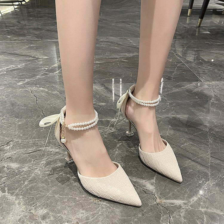Damen schicke High Heels mit transparentem Riemen und zierlichem Perlenakzent R&B