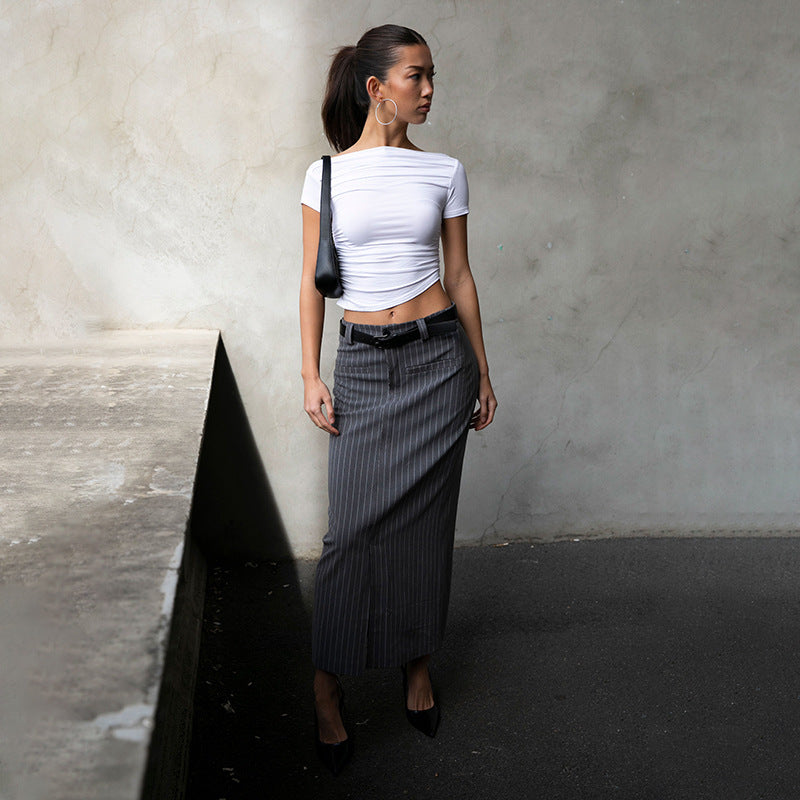 Damen figurbetontes Oberteil mit Off-Shoulder Design und Raffung R&B