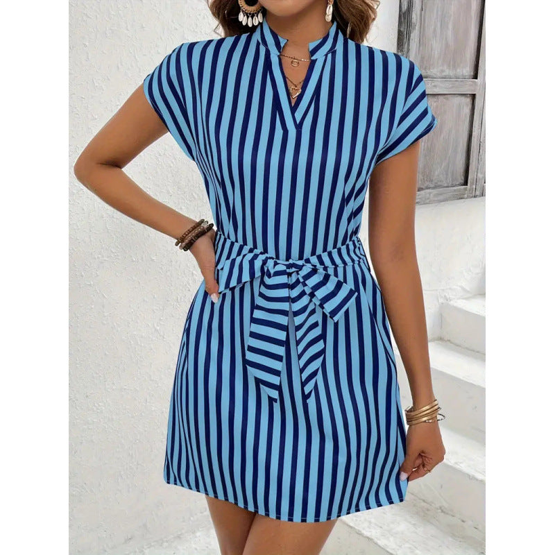 Damen Kurzarmkleid mit Gürtel und Streifenmuster R&B