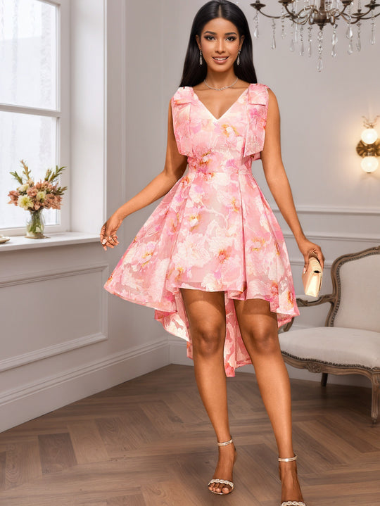 Damen asymmetrisches Cocktailkleid mit Rüschendesign und floralem Muster R&B