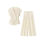 Damen elegantes Wickeloberteil und weite Palazzo-Hose Set R&B