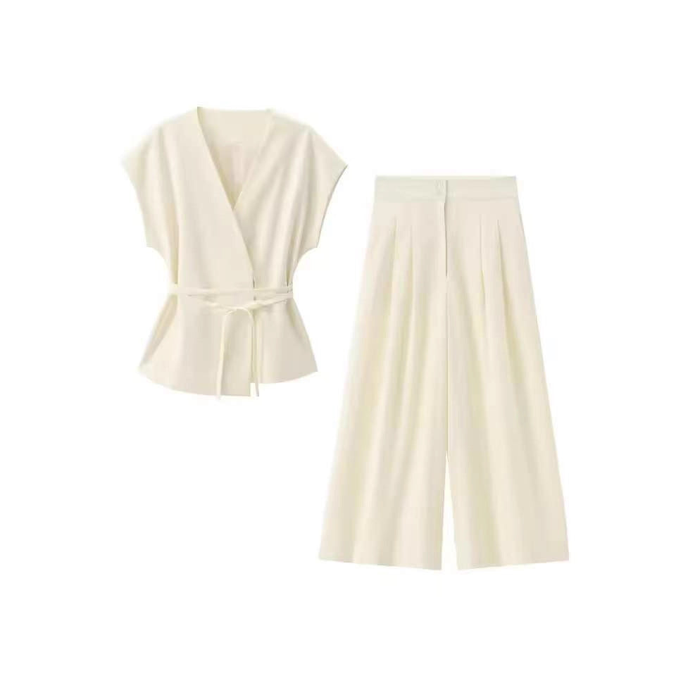 Damen elegantes Wickeloberteil und weite Palazzo-Hose Set R&B