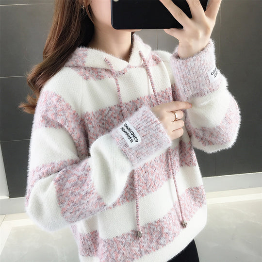 Damen Freizeit Hoodie mit strukturiertem Streifenmuster und Kordelzug R&B