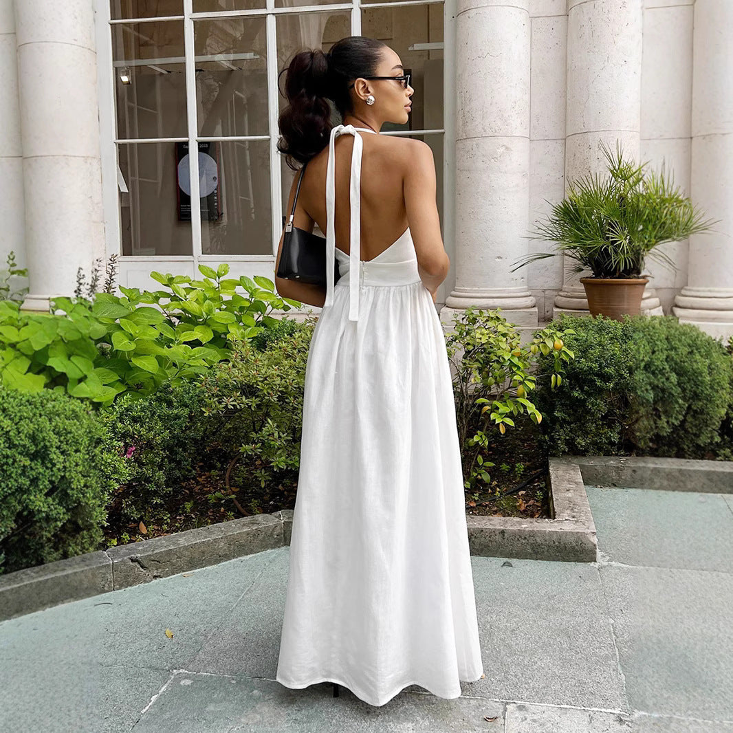 Damen Maxikleid mit tieferem V-Ausschnitt und fließendem Rock R&B