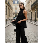Damen Elegantes Chiffonoberteil mit tiefem Wasserfallausschnitt und fließendem Stoff R&B