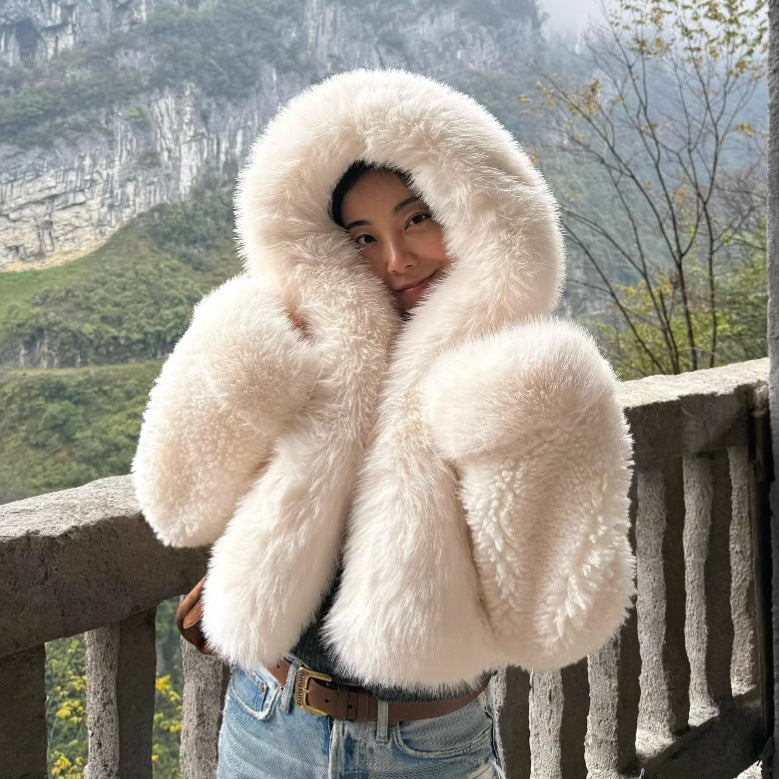 Damen Kunstfelljacke mit luxuriösem Kapuzendesign R&B