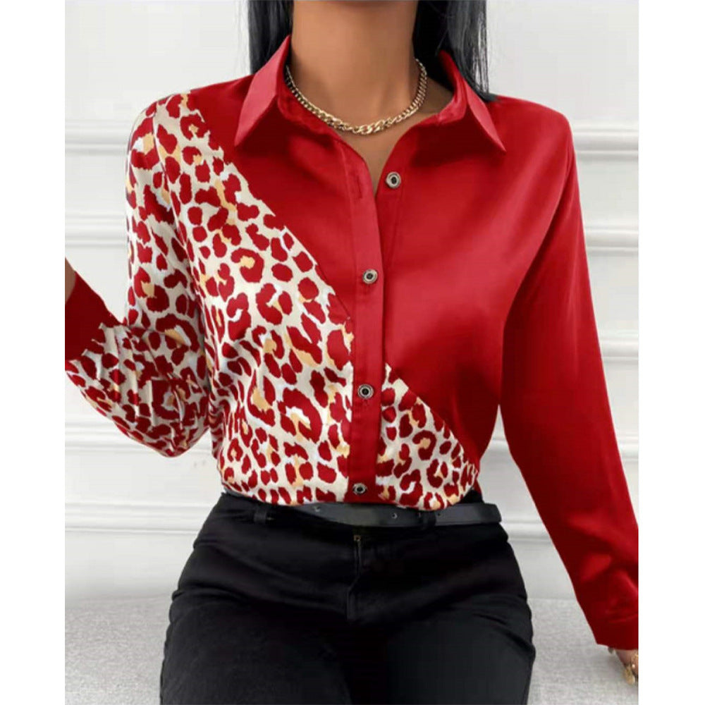 Damen Satinbluse mit asymmetrischem Leo-Design und glamouröser Knopfleiste R&B