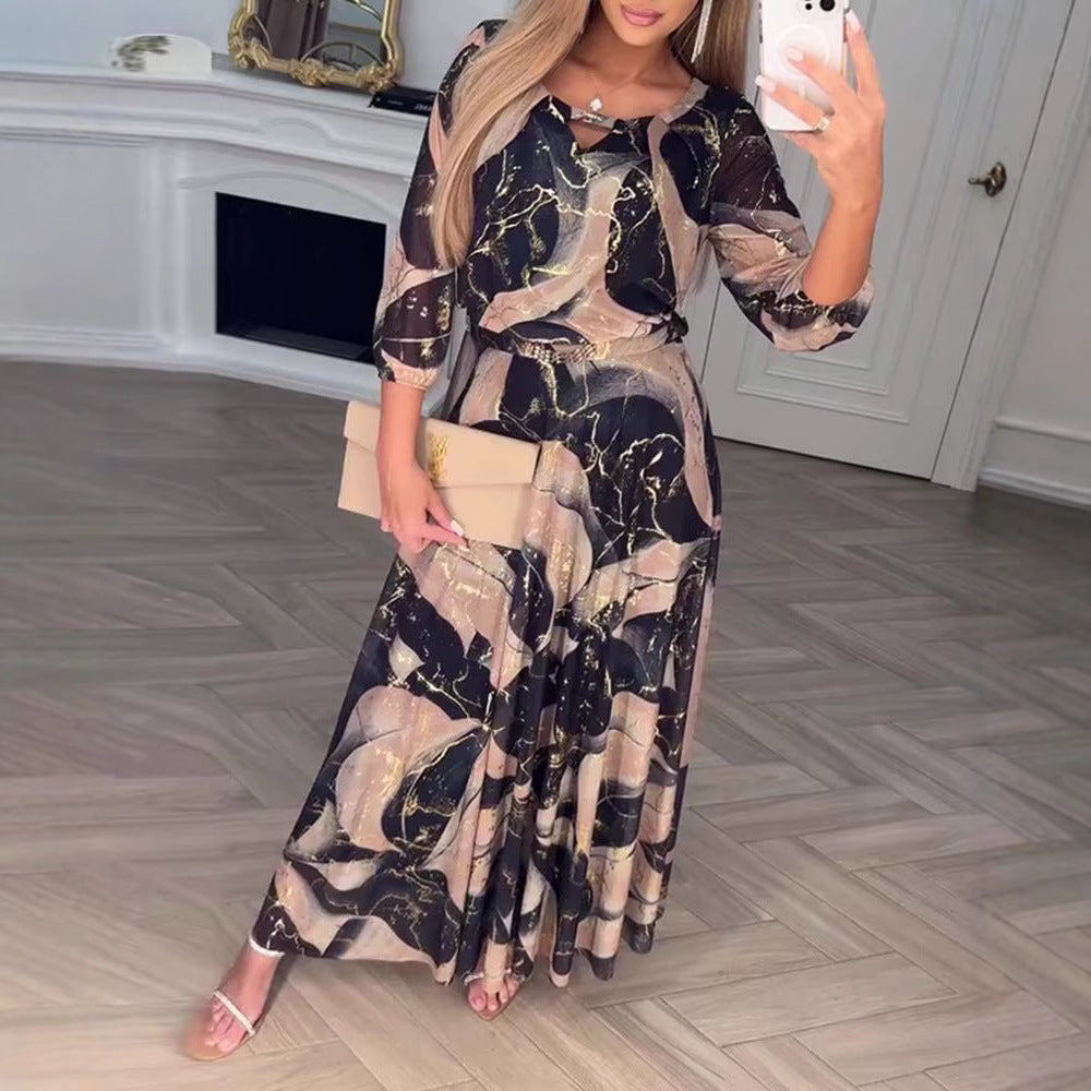 Damen nan Maxikleid mit abstraktem Marmorprint, Chiffon-Overlay, Schlüssel-Loch-Ausschnitt und elastischer Taillenpasse R&B