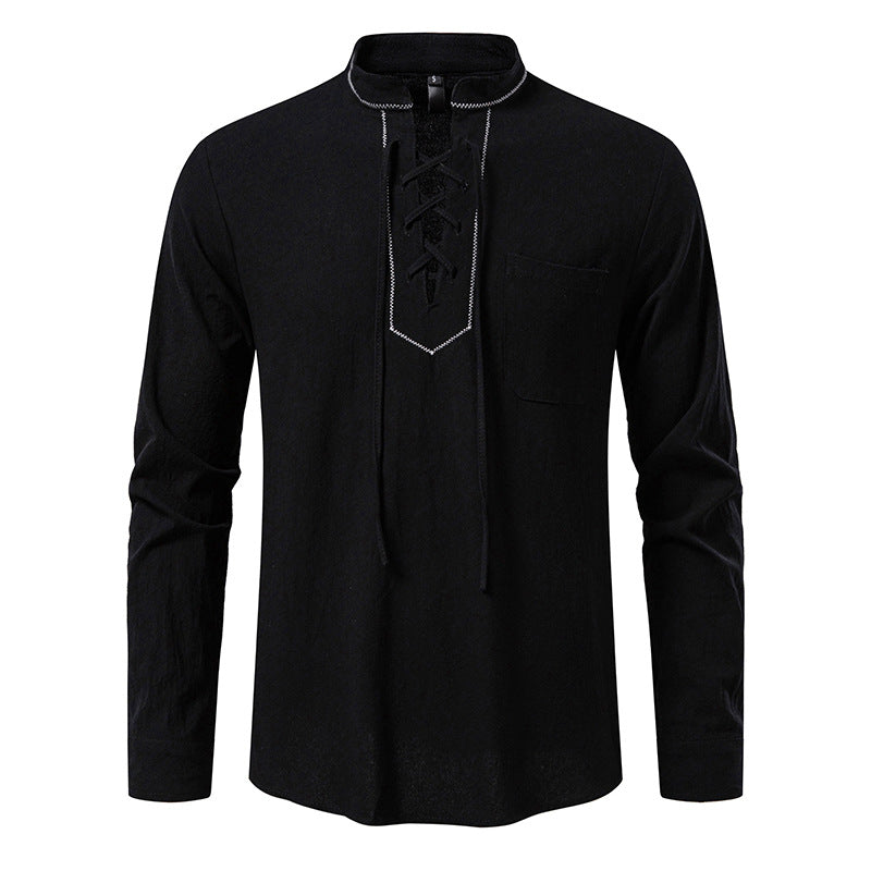 Herren Langarmshirt mit hochwertigem Stehkragen und dekorativer Schnürung R&B