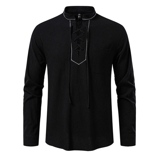 Herren Langarmshirt mit hochwertigem Stehkragen und dekorativer Schnürung R&B
