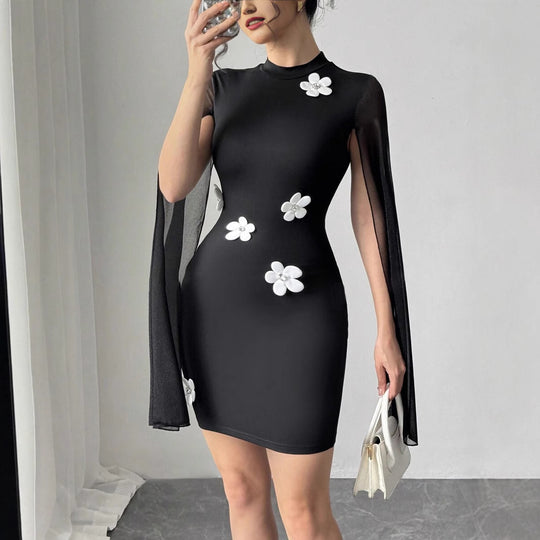 Damen figurbetontes Kleid mit transparenter Umarmung und Blumenapplikationen R&B