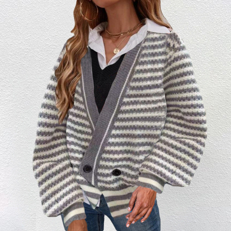 Damen Grobstrick Cardigan mit V-Ausschnitt und modernen Streifen R&B