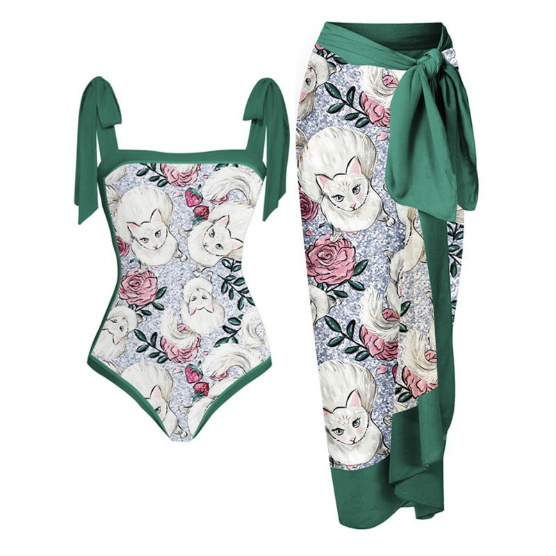 Damen Einteiler Badeanzug mit elegantem Wickelrock und modischen Riemen R&B