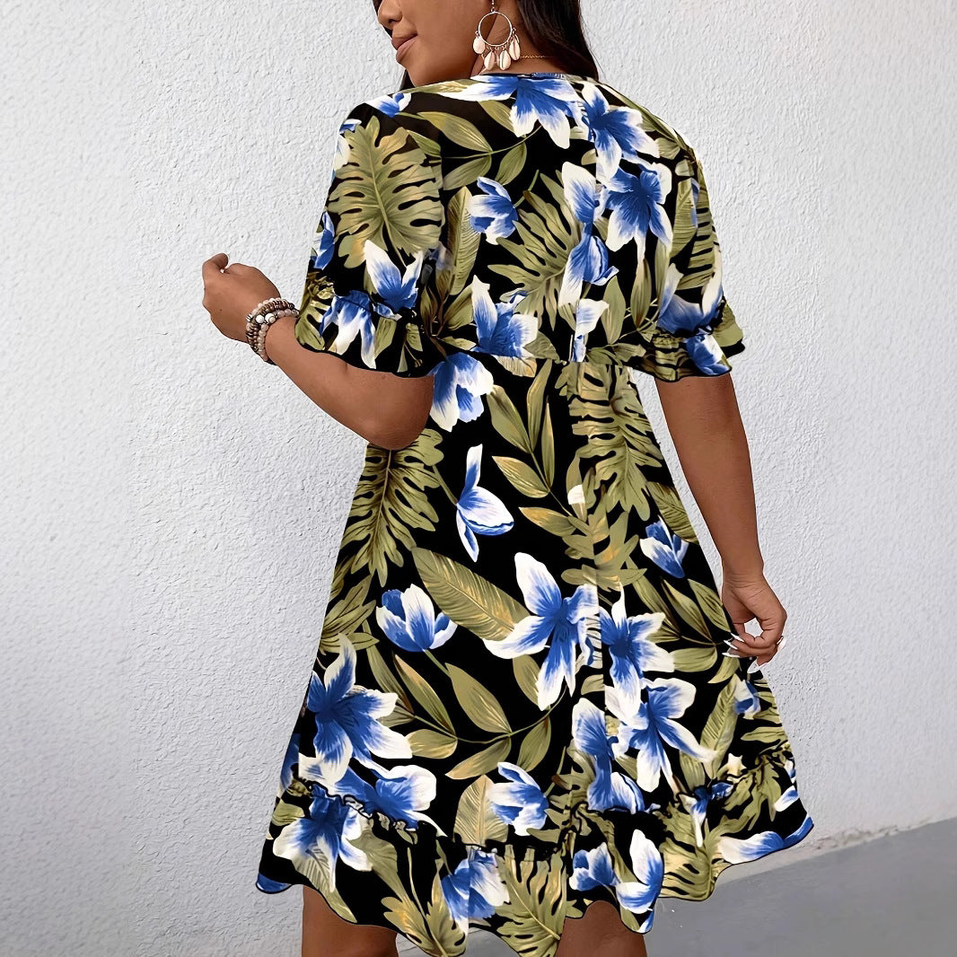 Damen sommerliches Kleid mit voluminösen Rüschen und floralem Design R&B