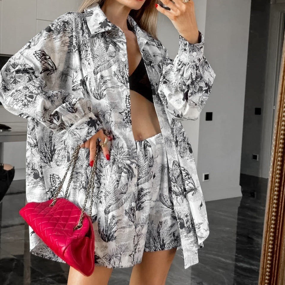 Damen Oberteil und Shorts-Set mit floralem Druck und langem Arm R&B