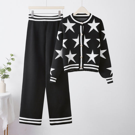 Damen modisches Strick-Loungewear-Set mit Sternenmuster und kontrastierenden Details R&B