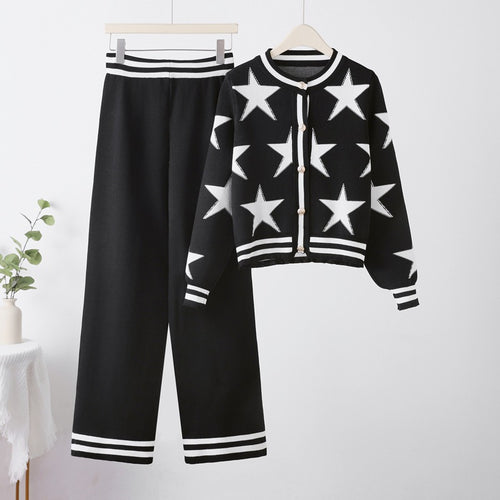 Damen modisches Strick-Loungewear-Set mit Sternenmuster und kontrastierenden Details R&B