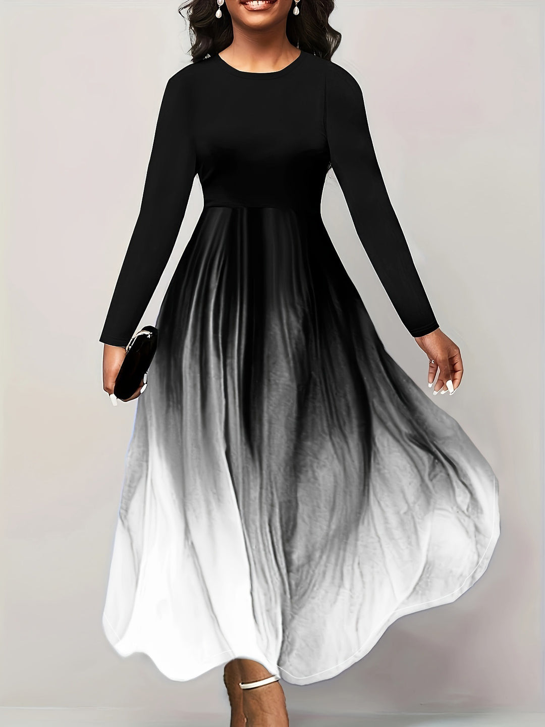 Damen Elegantes Maxikleid mit kreativer Farbverlauf-Optik und langen Ärmeln R&B