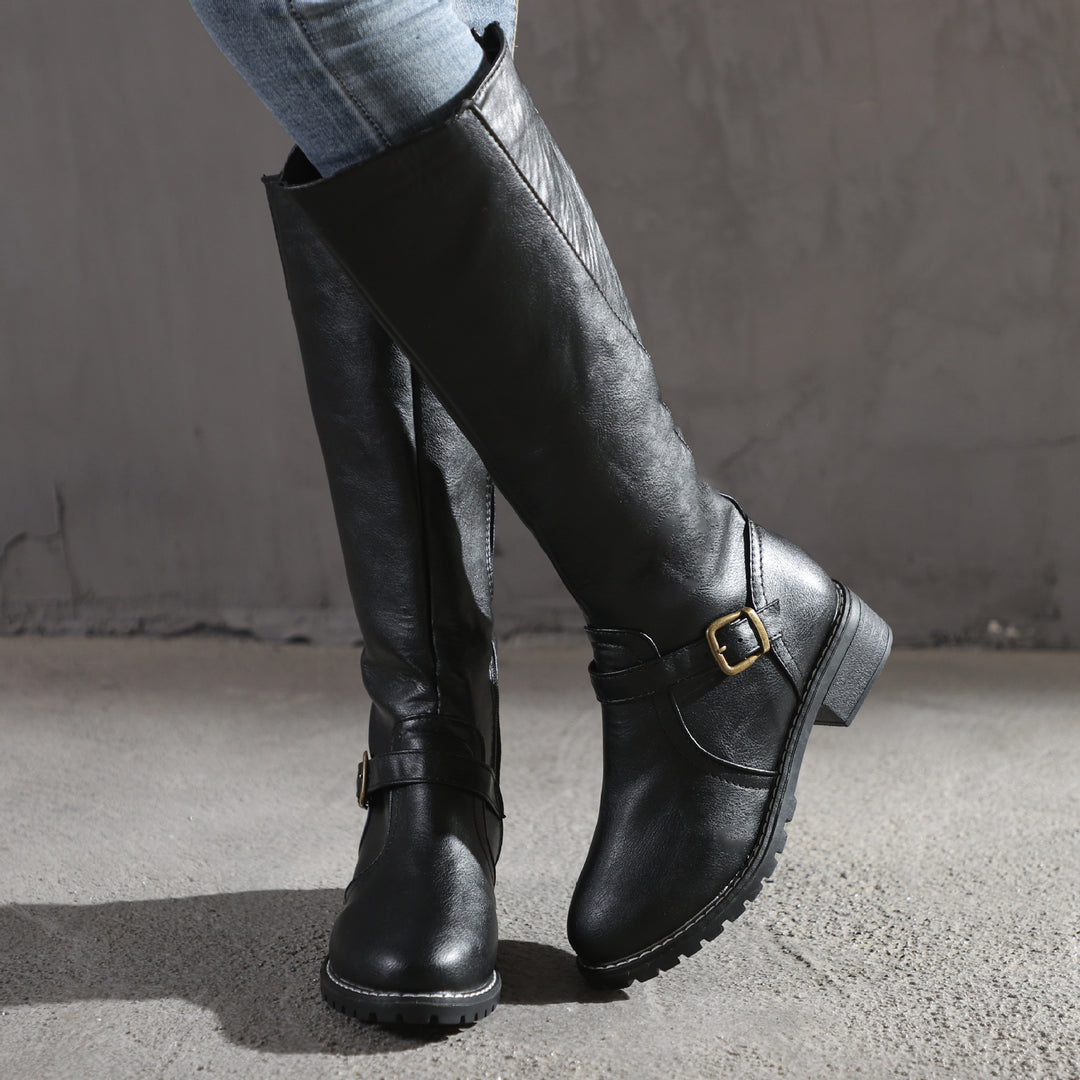 Damen modische kniehohe Stiefel mit dekorativem Riemen und komfortablem Absatz R&B