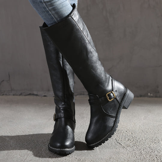 Damen modische kniehohe Stiefel mit dekorativem Riemen und komfortablem Absatz R&B